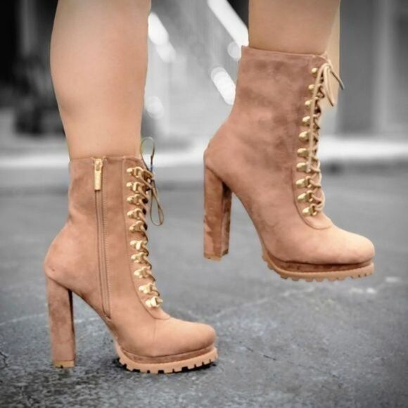Shoes - Taupe Lace up Platform Lug Sole Heeled Boots